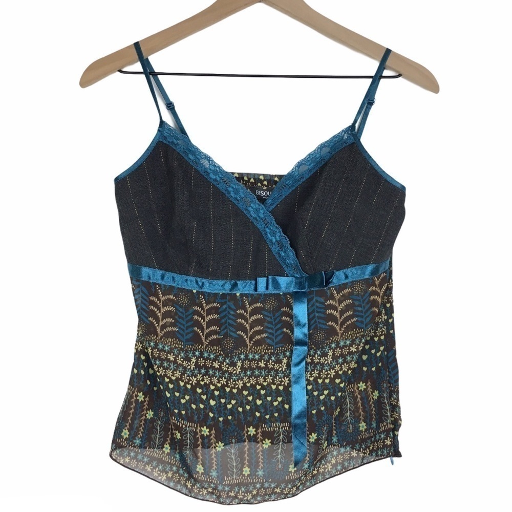 BISOU BISOU Cami Camisole Top Floral Stripe Sheer Lace Y2K 90s Pinstripe Size 4